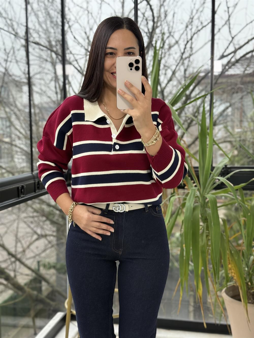 Polo Yaka Çizgili Triko Kazak Bordo