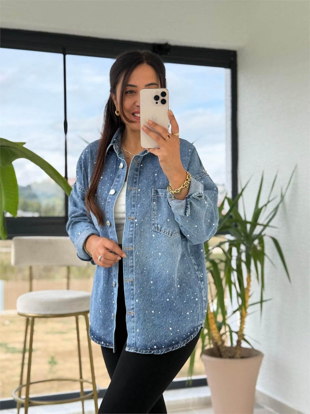 Zra Model Taşlı Denim Gömlek Mavi