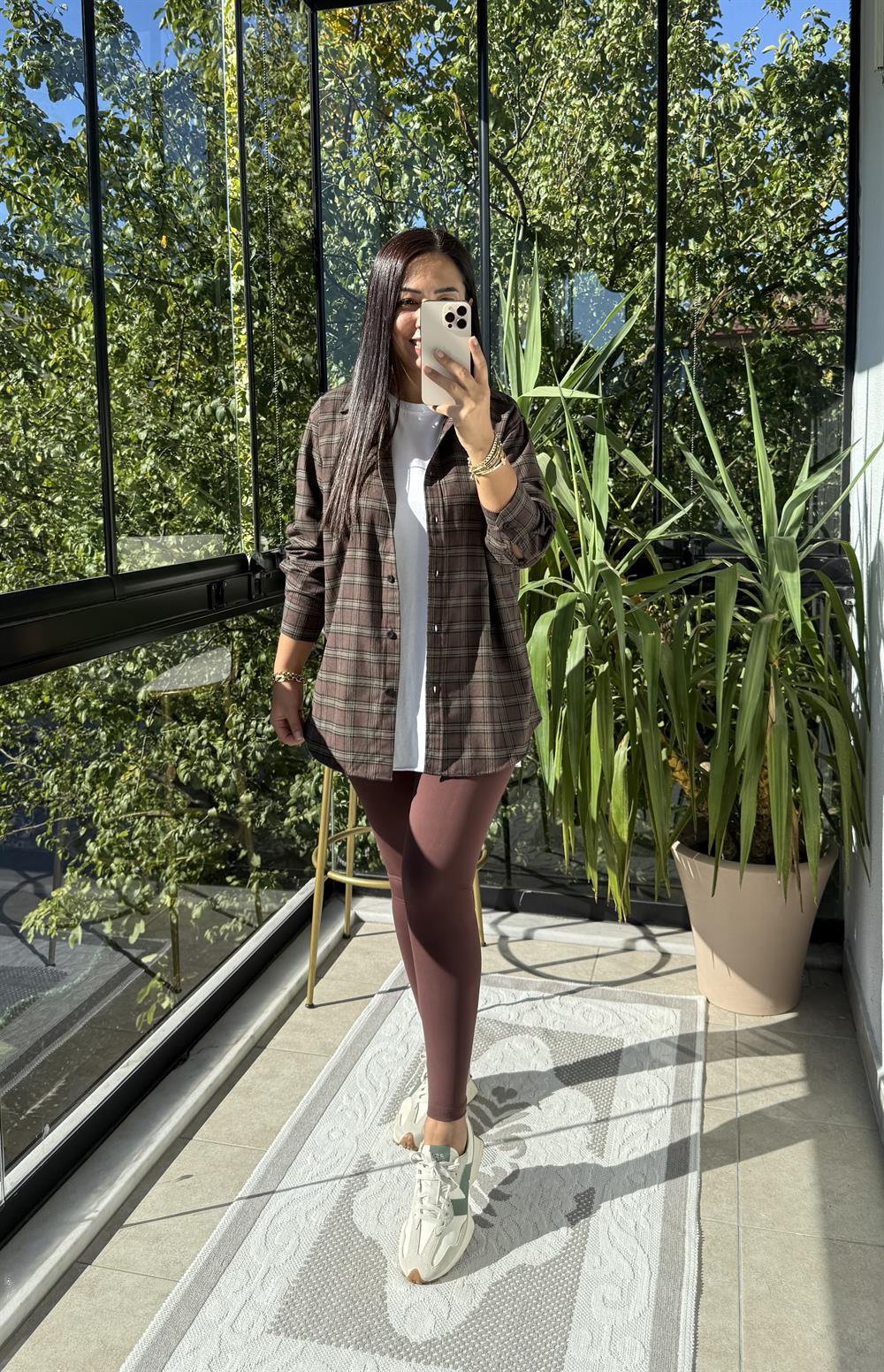 Ekoseli Oversize Gömlek Koyu Kahve