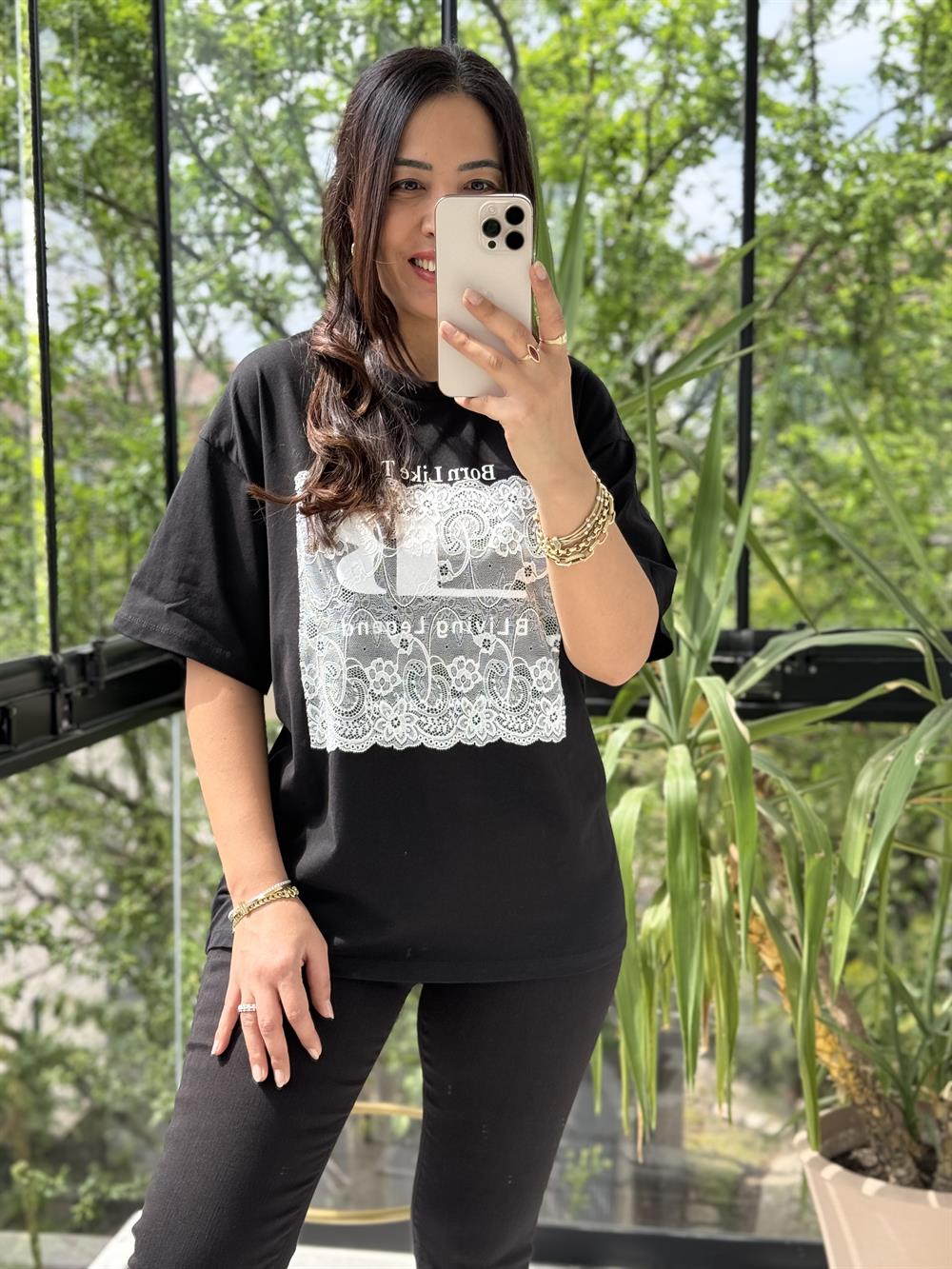 Tül Detaylı Yazılı Tişört Siyah