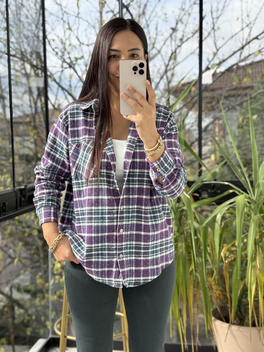 Taşlı Ekose Gömlek Mürdüm