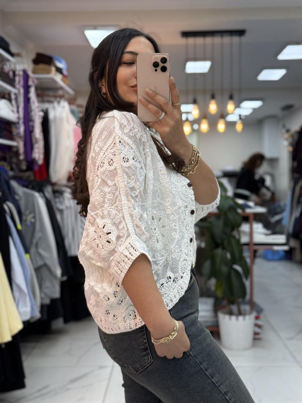 Payetli Çiçekli Kısa Kol Hırka Beyaz