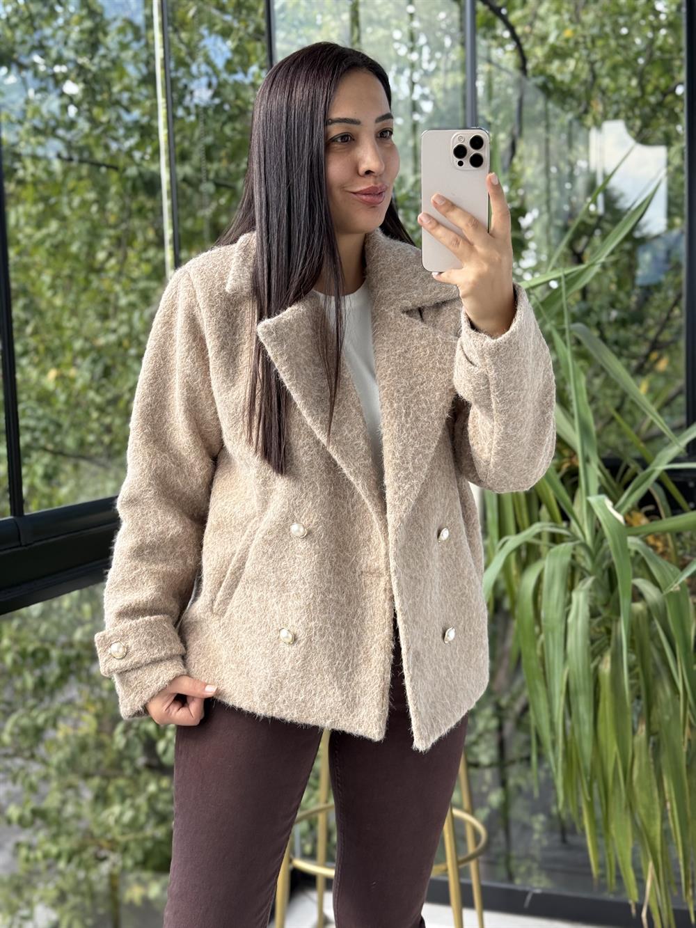 Gold Düğmeli Yün Kaban Ceket Bisküvi Kahvesi