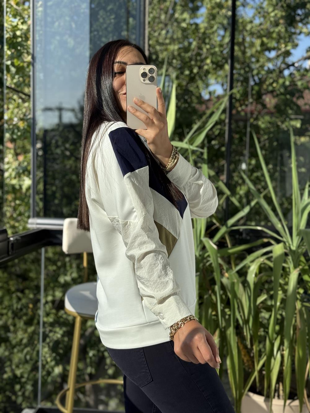 Gömlek Kol Mix Sweatshirt Beyaz