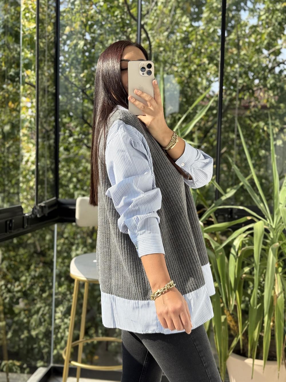 Poplin Gömlek Mix Süveter Gri