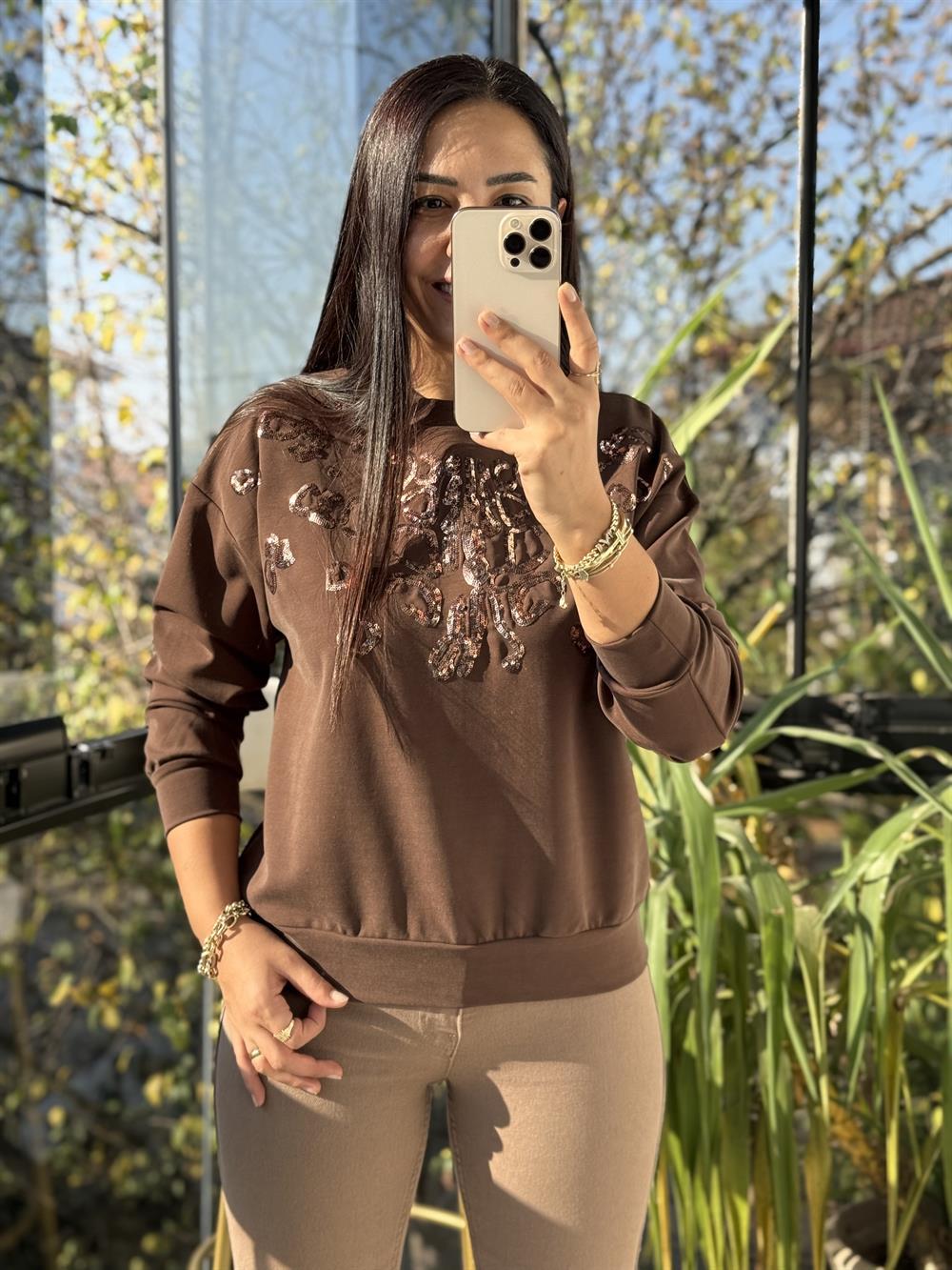Payetli Modal Sweatshirt Kahve