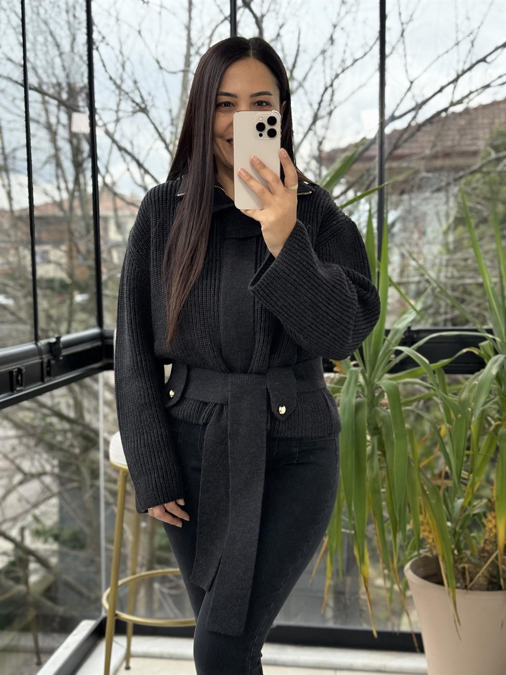 Dilvin Fermuarlı Kemerli Düğmeli Yünlü Triko Hırka Antrasit