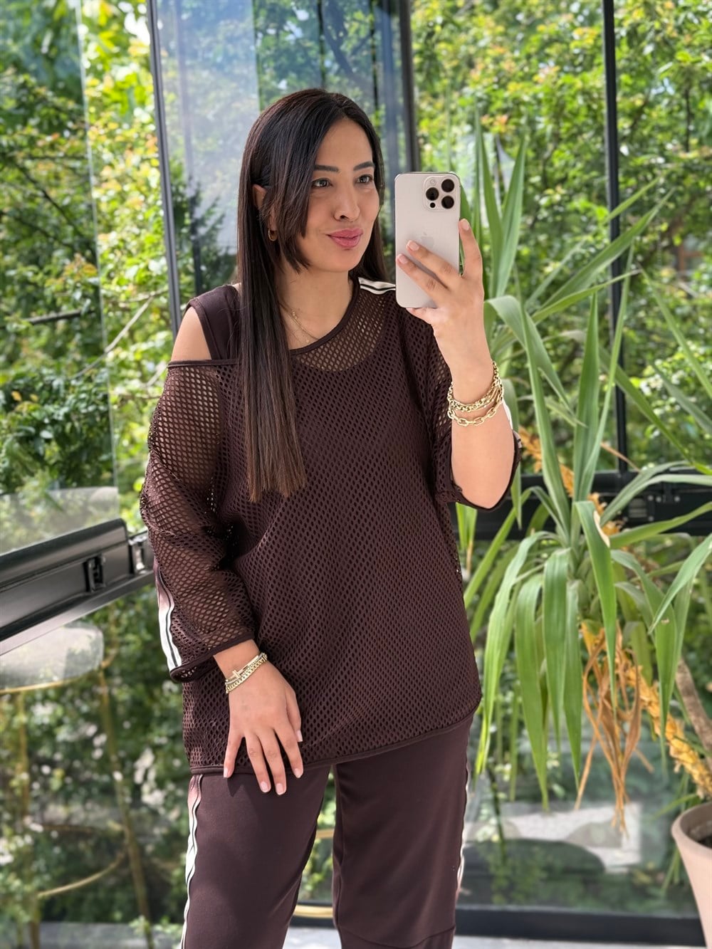 Oysh Şeritli 3lü Fileli Takım Kahve