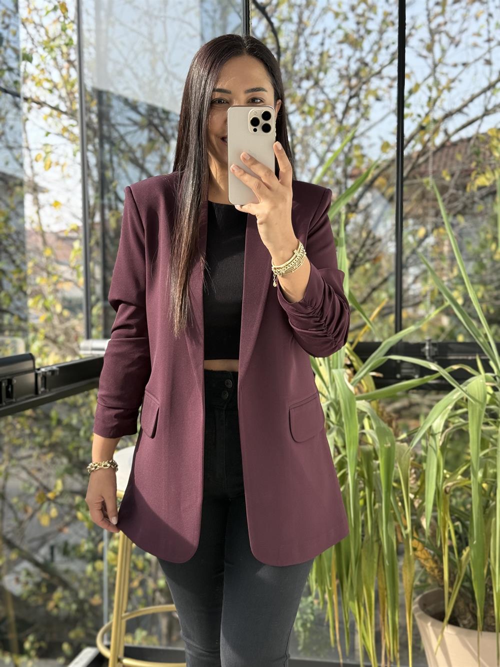 Kolu Büzgülü Blazer Ceket Mürdüm