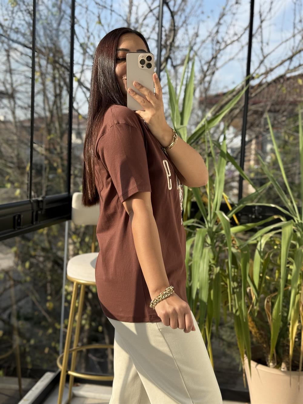 Newyork Yazılı İşlemeli Basic Tişört Kahve