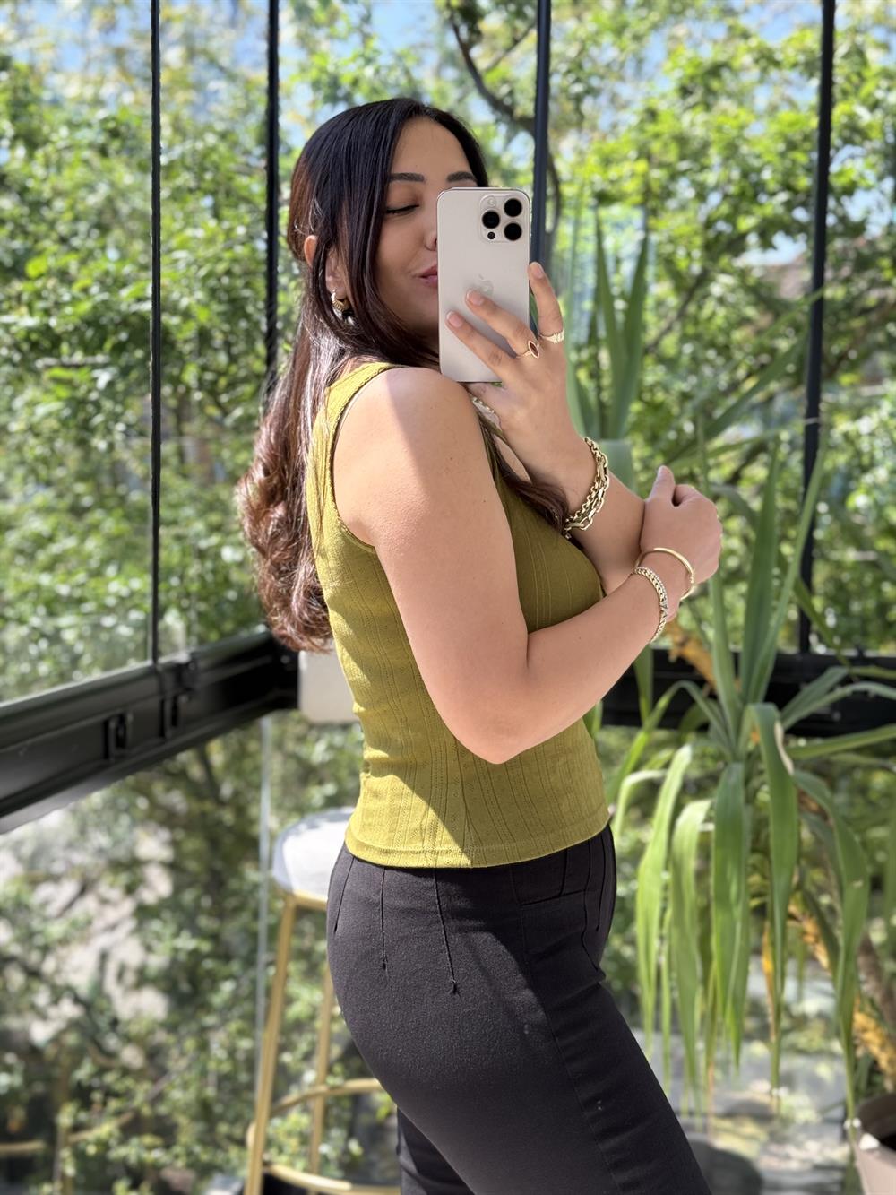 Dilvin Düğmeli Kare Yaka Top Atlet Koyu Yağ Yeşili