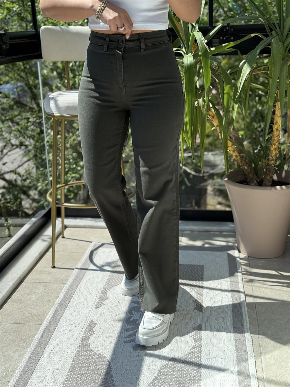 Dekoratif Cep Detaylı Palazzo Kot Pantolon Yeşil