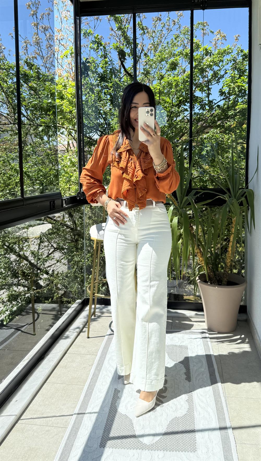 Önü Fırfırlı Bluz Kiremit