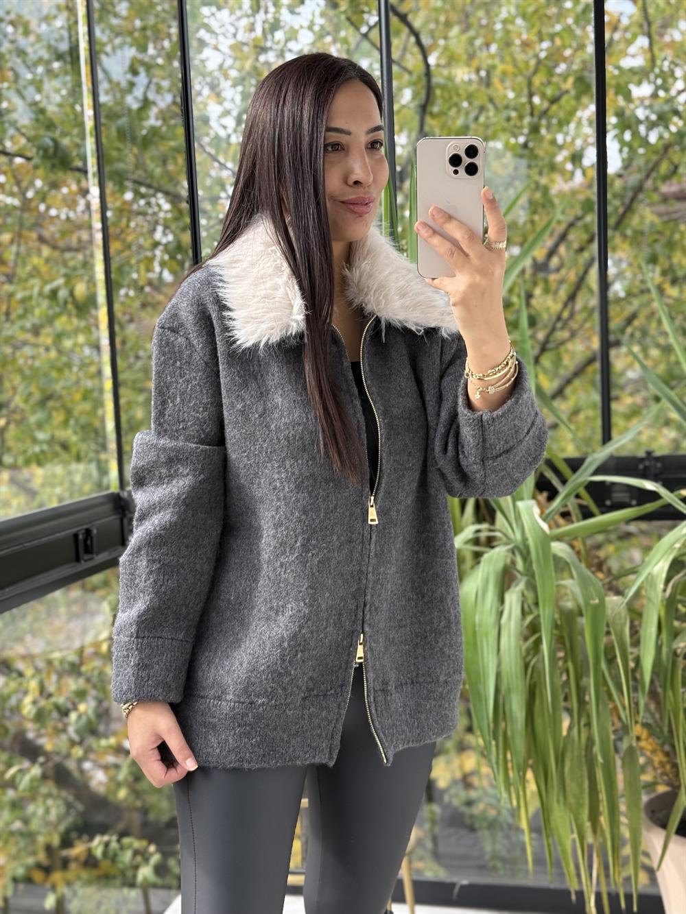 Kürk Yakalı Şardonlu Hırka Antrasit 