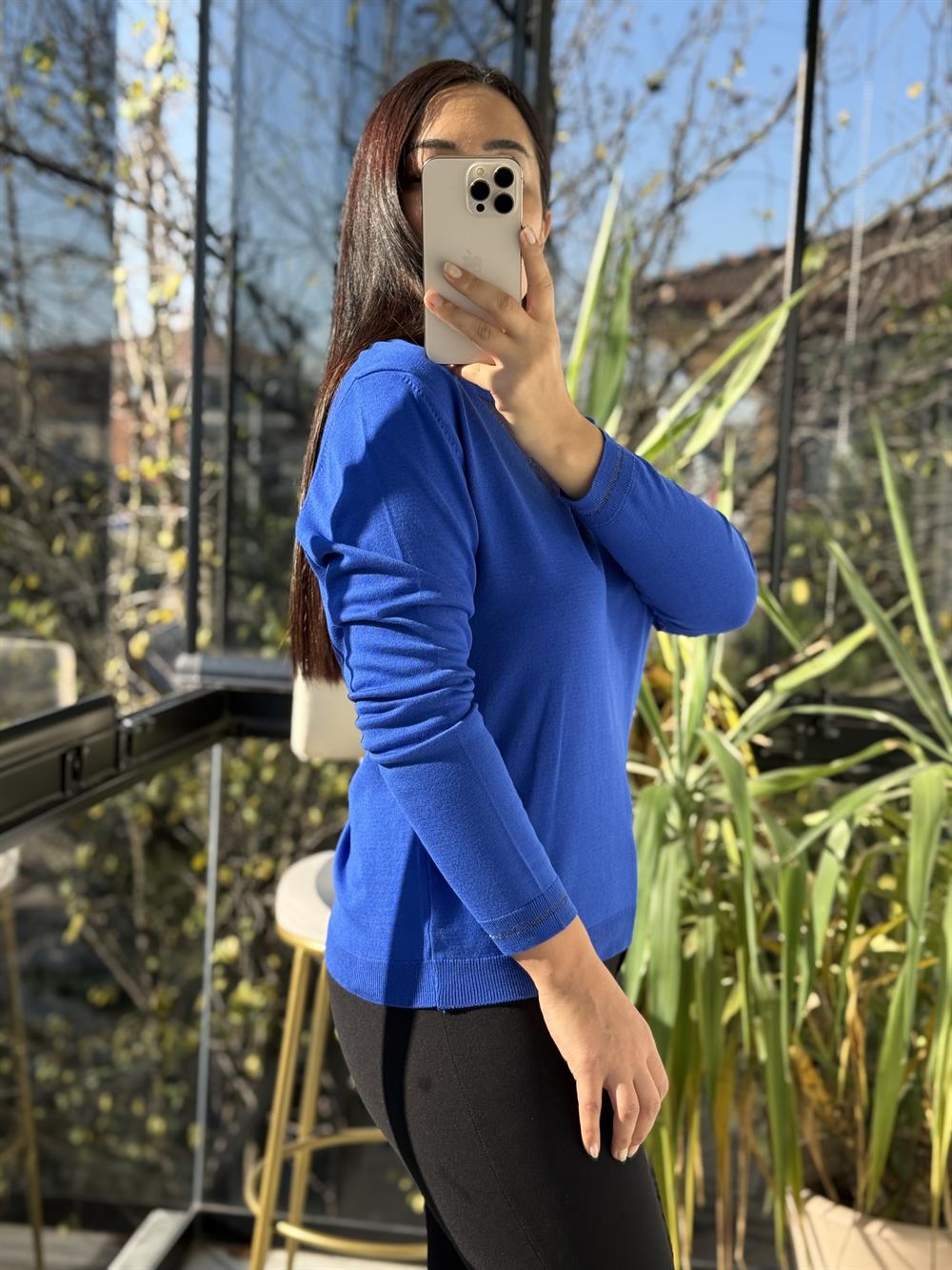 Tül Yaka Detaylı Merserize Triko Saks Mavi