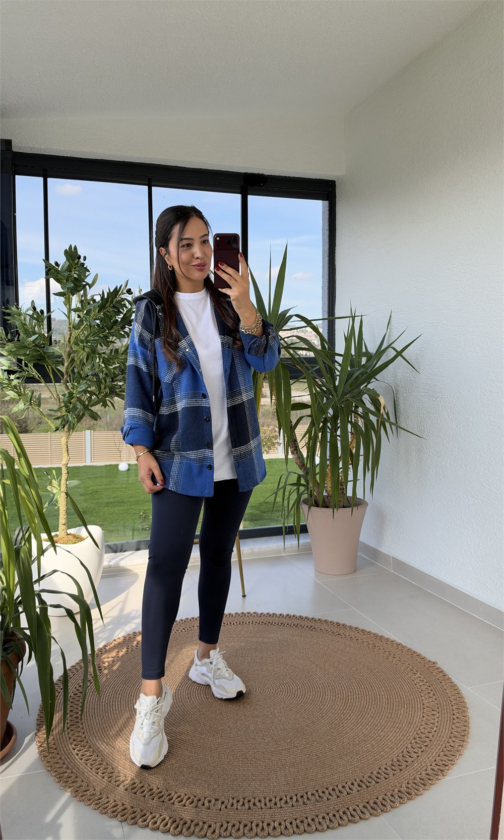 Deri Kapuşonlu Ekose Gömlek Lacivert