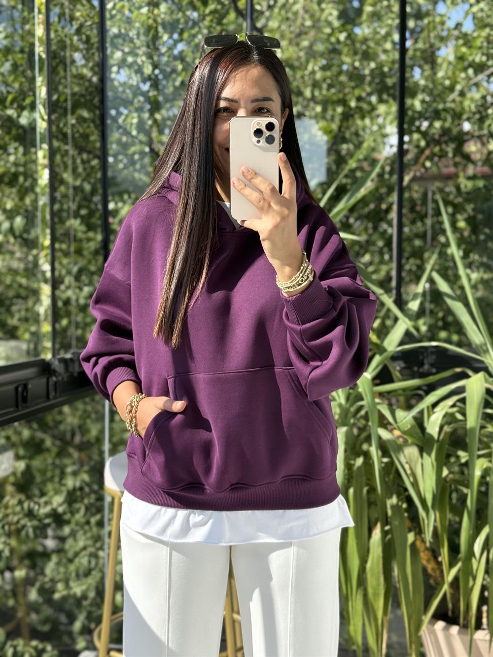 Kanguru Cep Kapşonlu Sweatshirt Mürdüm