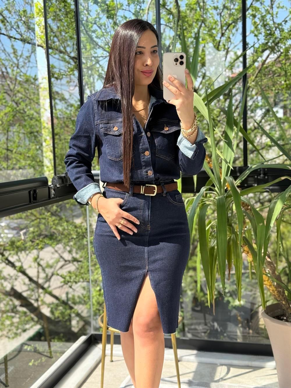 Düğmeli Gömlek Elbise Lacivert