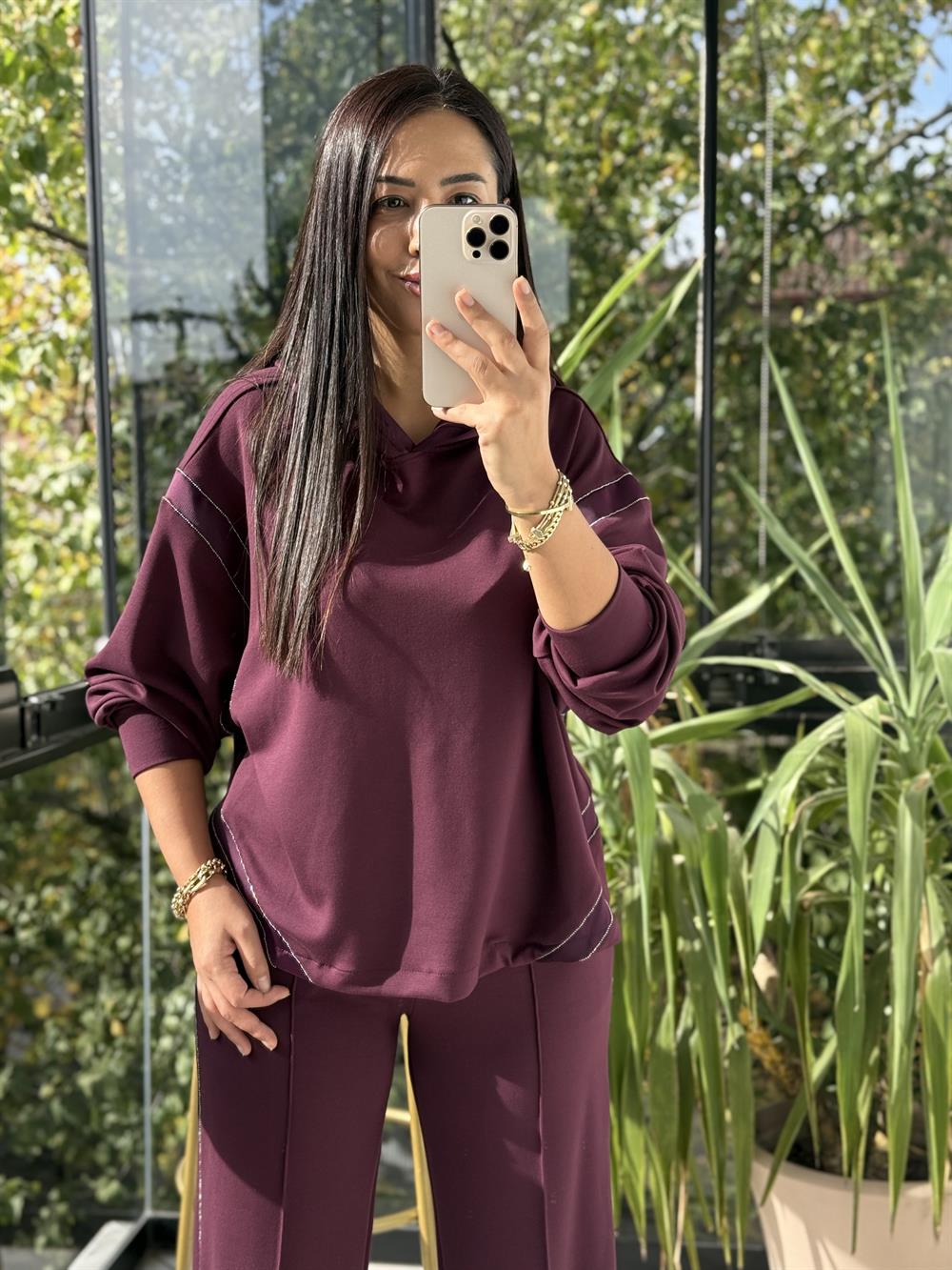 Taşlı Şeritli Takım Mürdüm