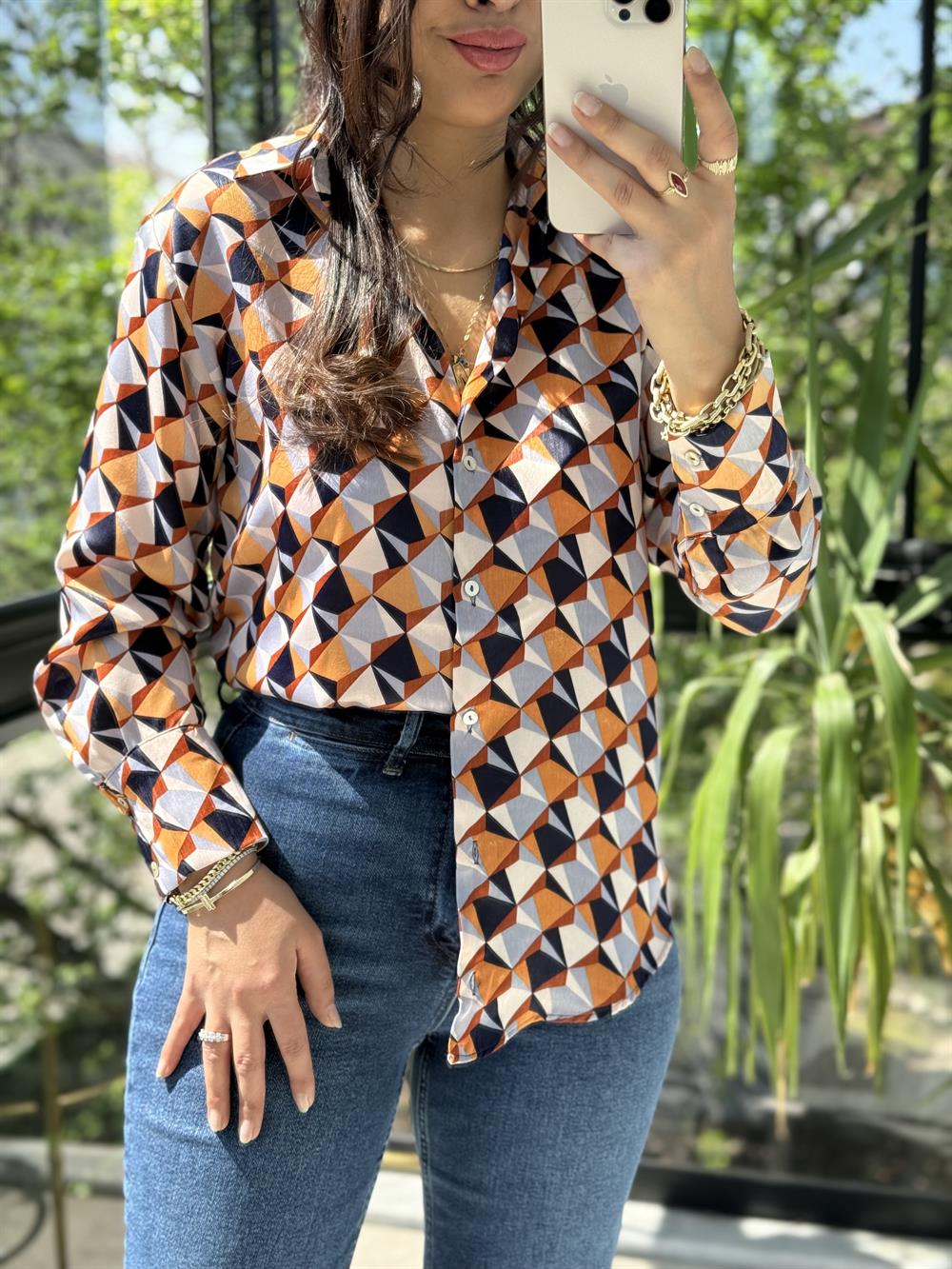 Desenli Saten Gömlek Pudra