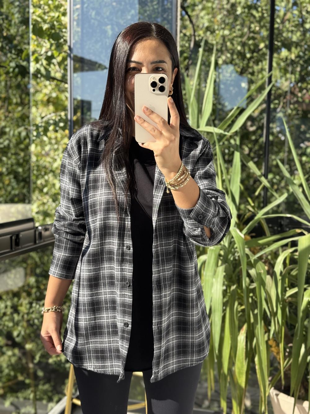 Ekoseli Oversize Gömlek Antrasit