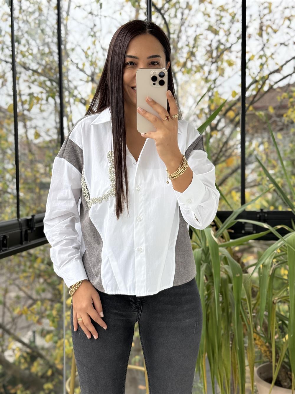 Triko Poplin Taş Detaylı Gömlek Beyaz