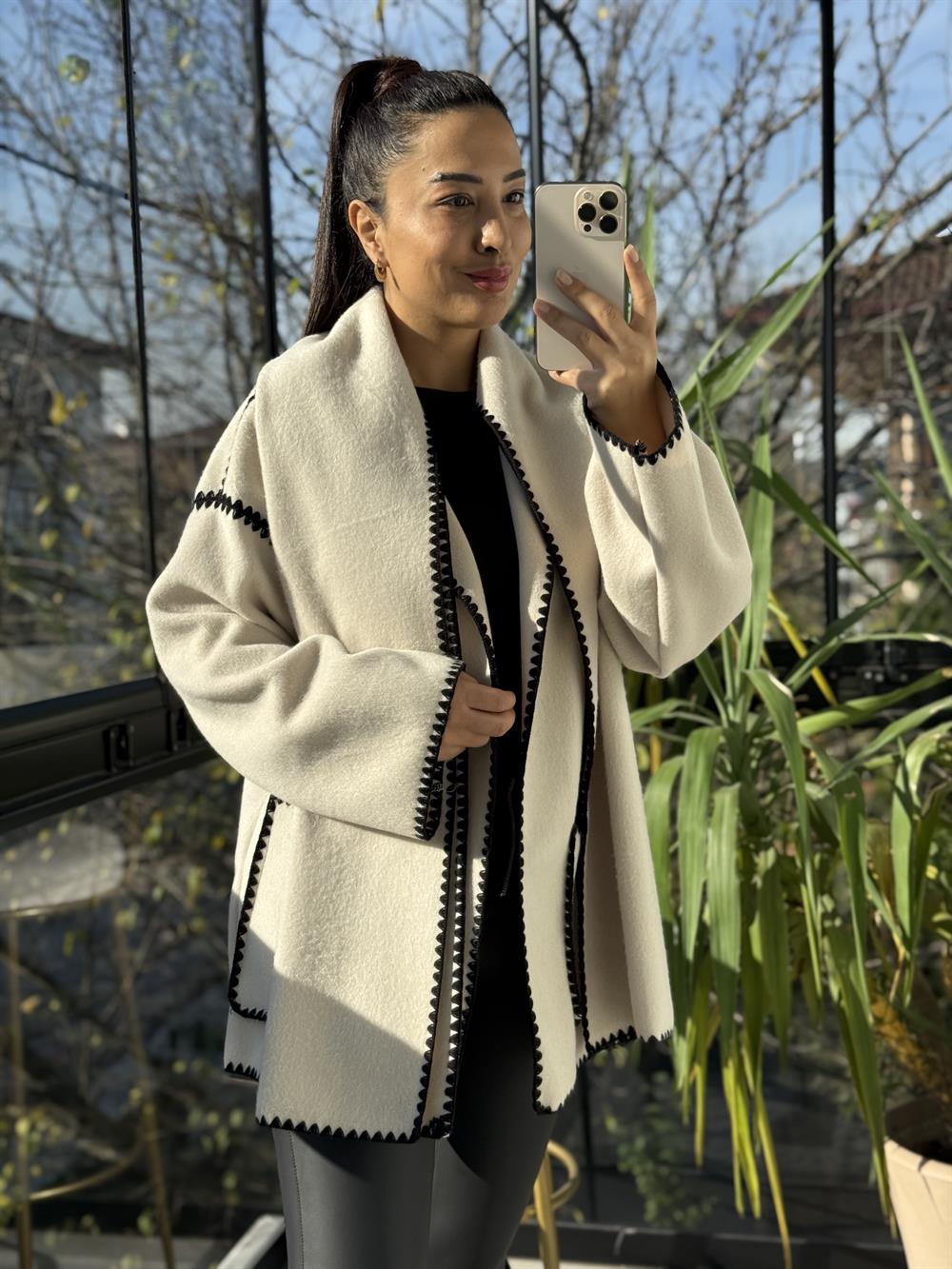 Şal Yaka Kaşe Kimono Ceket Bej