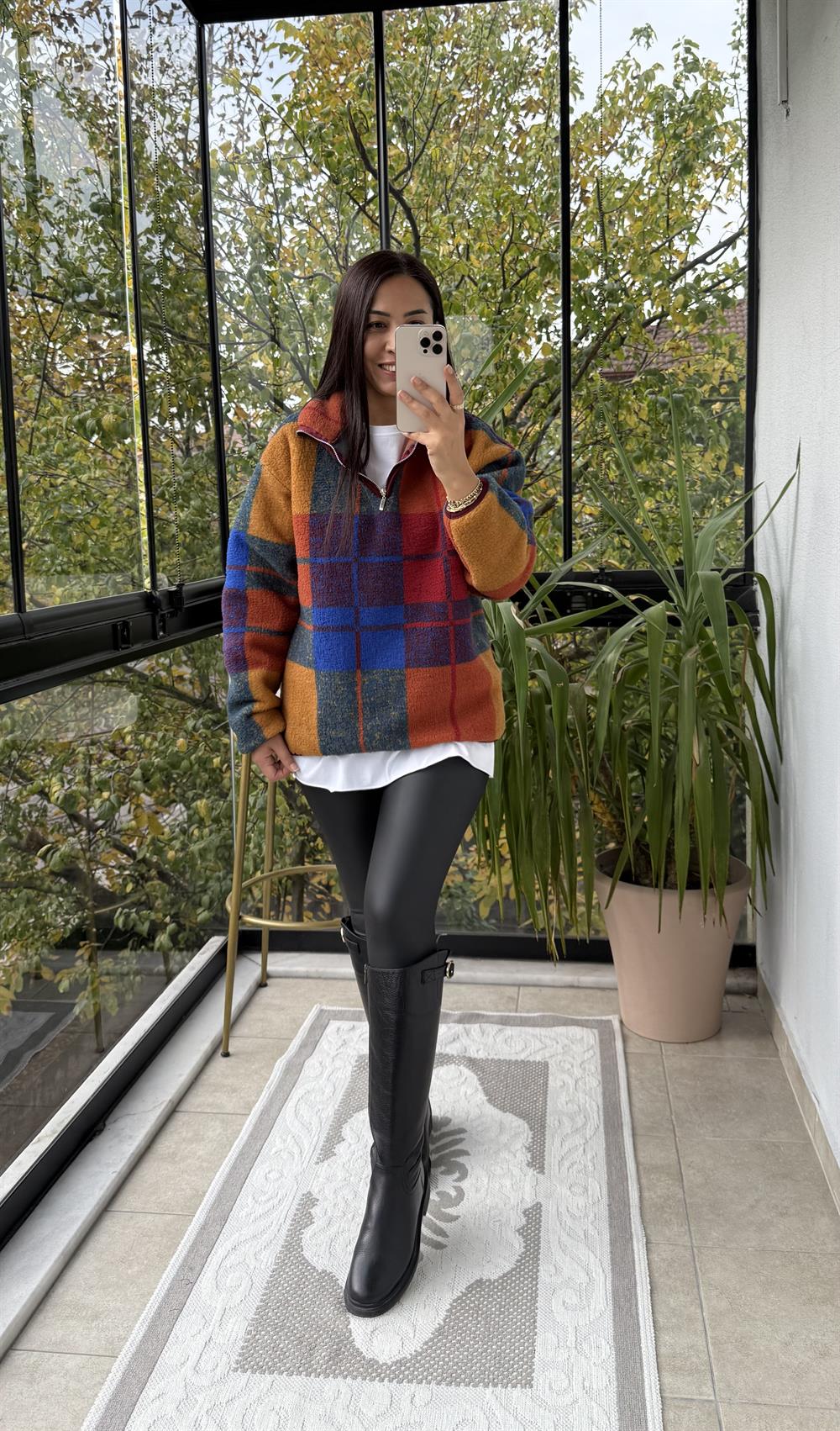 Desenli Fermuarlı Polar Sweat Bordo