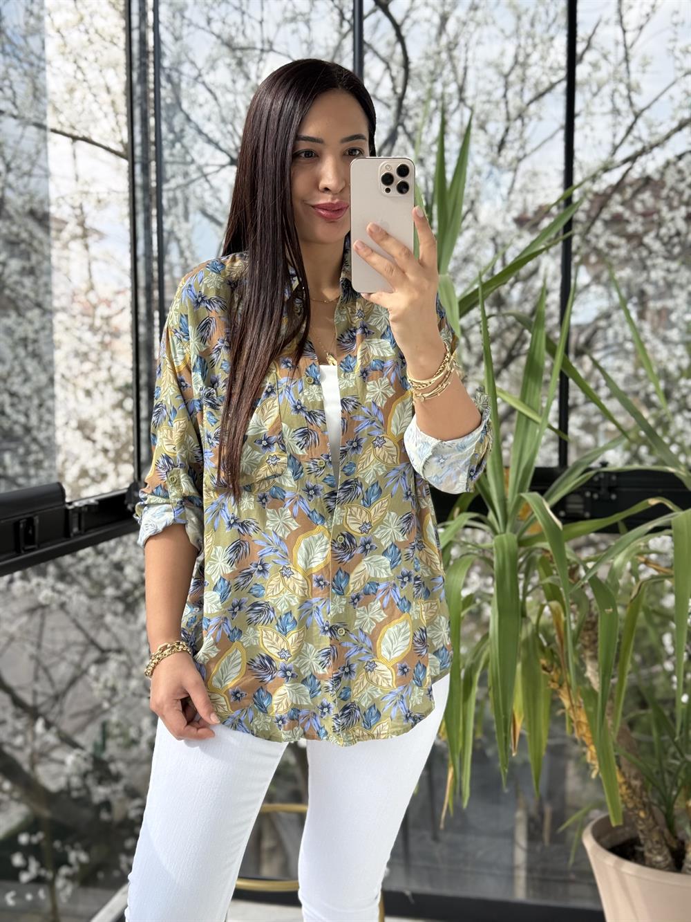 Yaprak Desenli Pamuklu Gömlek Haki Yeşili