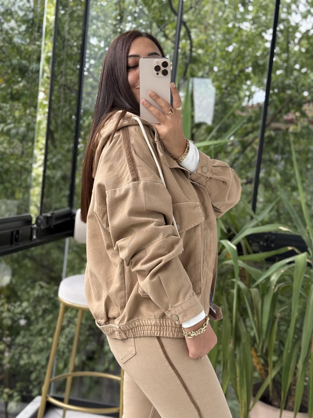 Kapüşonlu Kot Ceket Camel