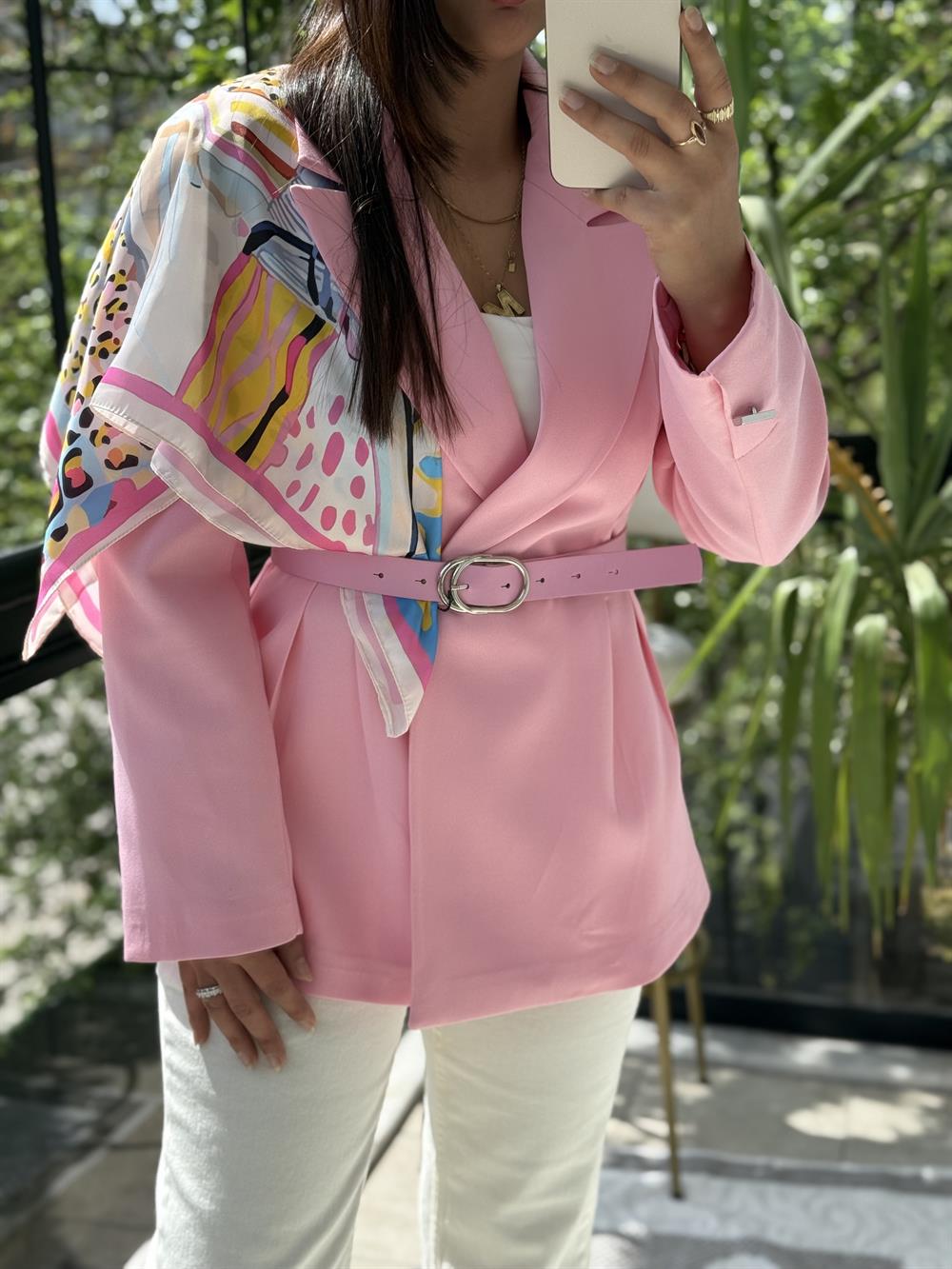 Çift Pileli Şallı Ceket Pembe