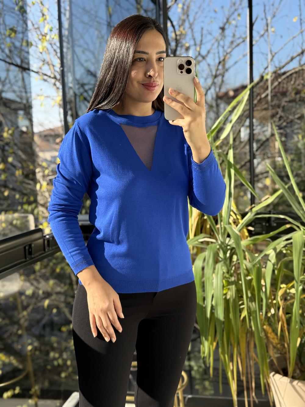 Tül Yaka Detaylı Merserize Triko Saks Mavi