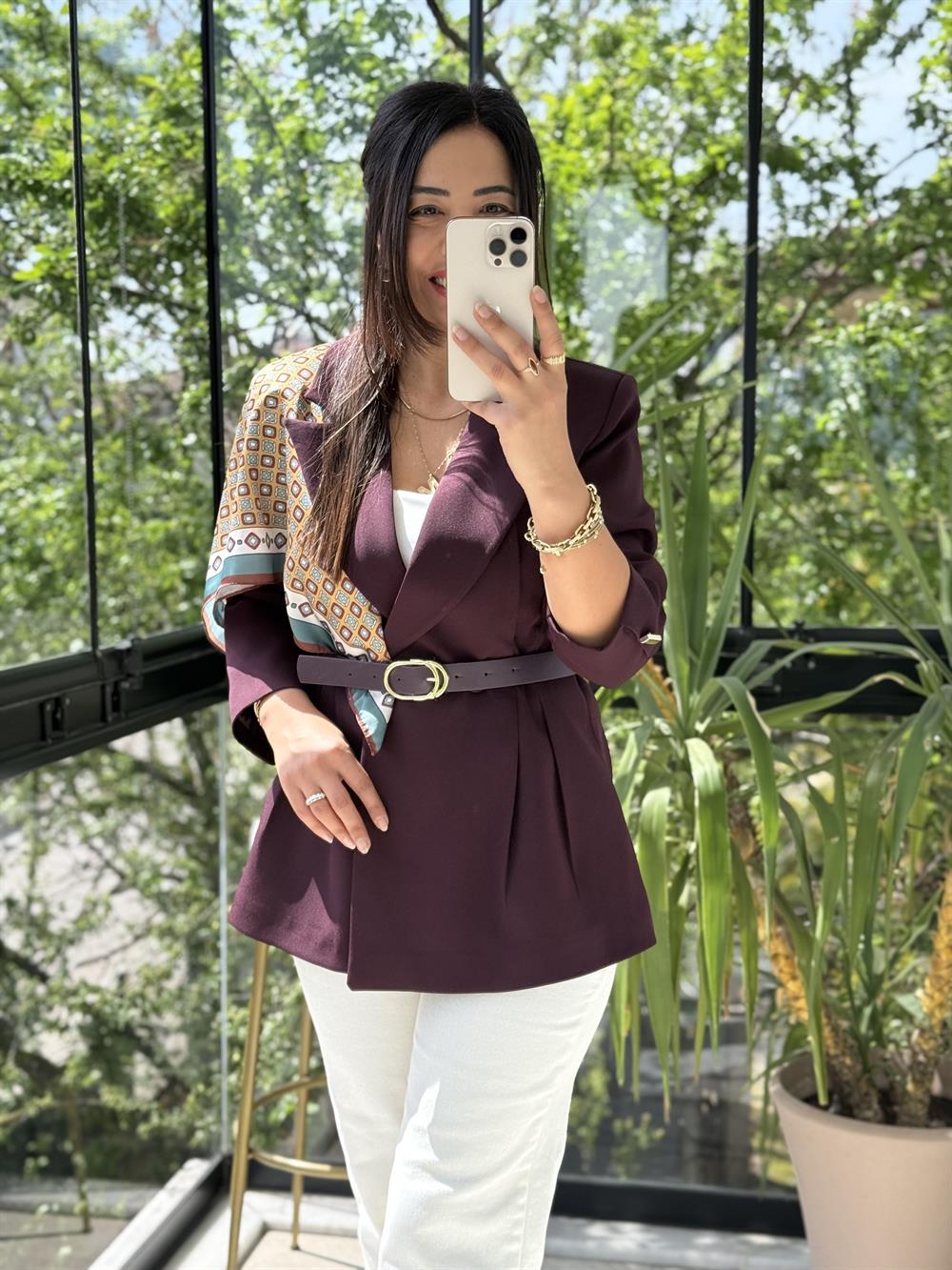 Çift Pileli Şallı Ceket Mürdüm