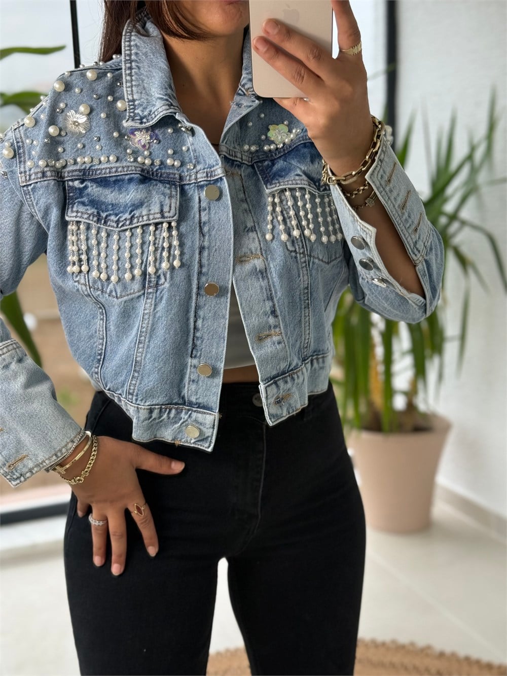 Taşlı Kısa Denim Ceket Mavi