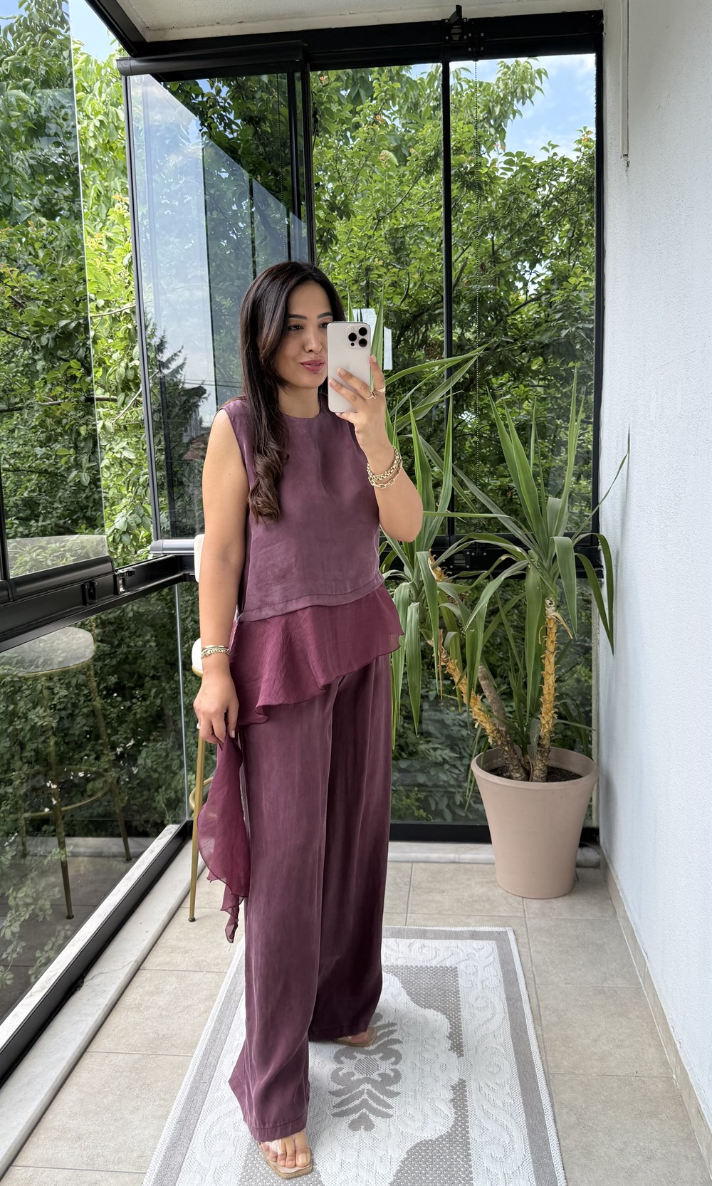 Asimetrik Detaylı Dökümlü Takım Mürdüm
