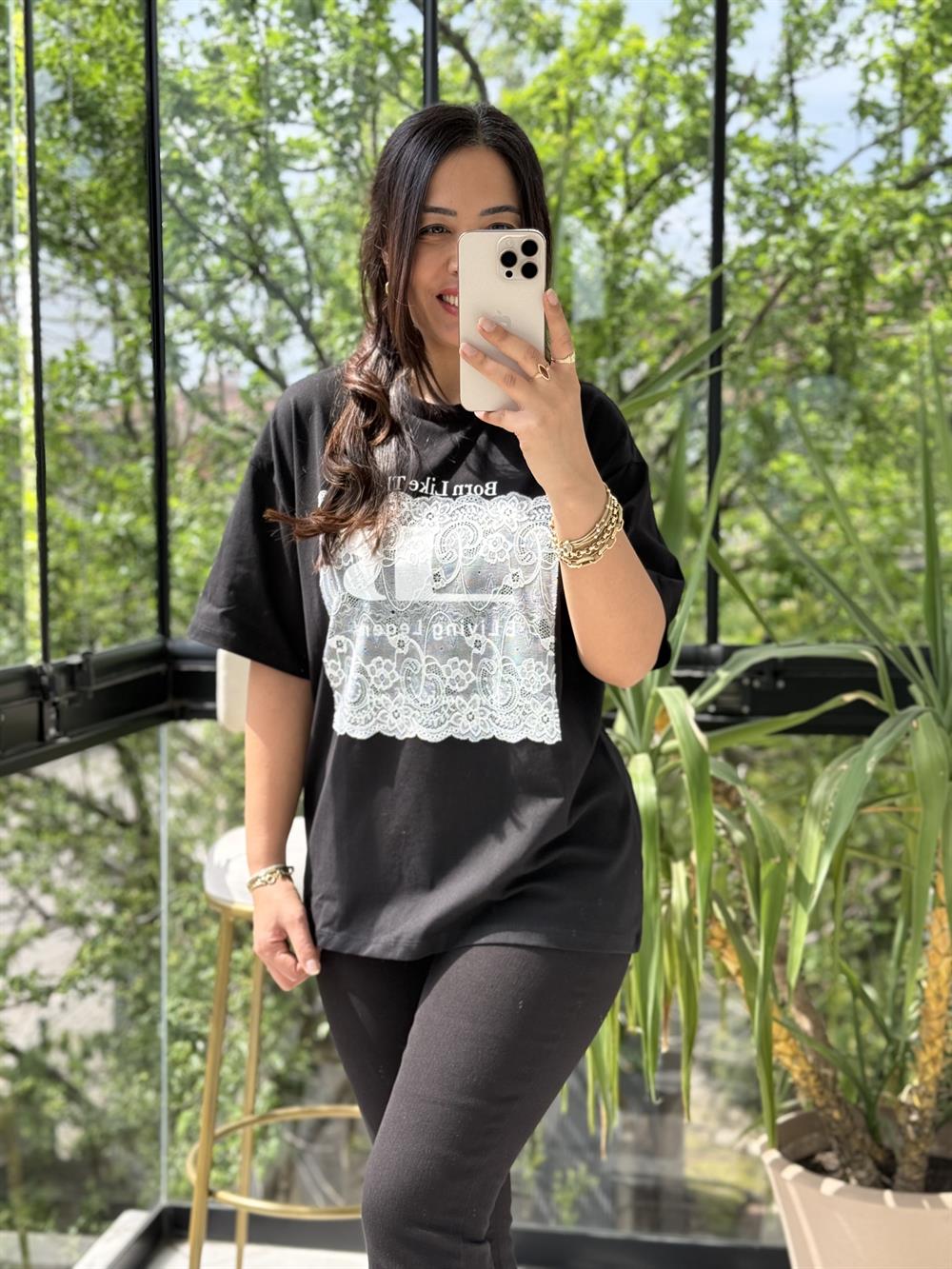 Tül Detaylı Yazılı Tişört Siyah