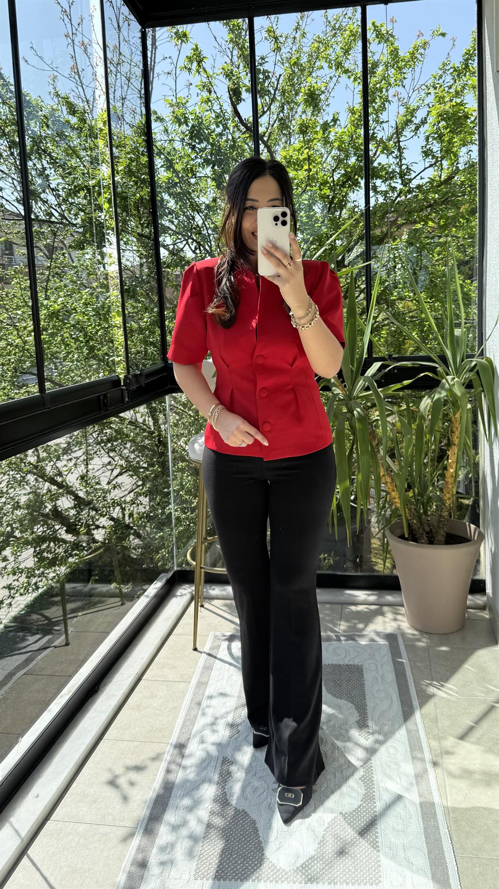 Pileli 3 Düğme Kısa Kol Ceket Kırmızı