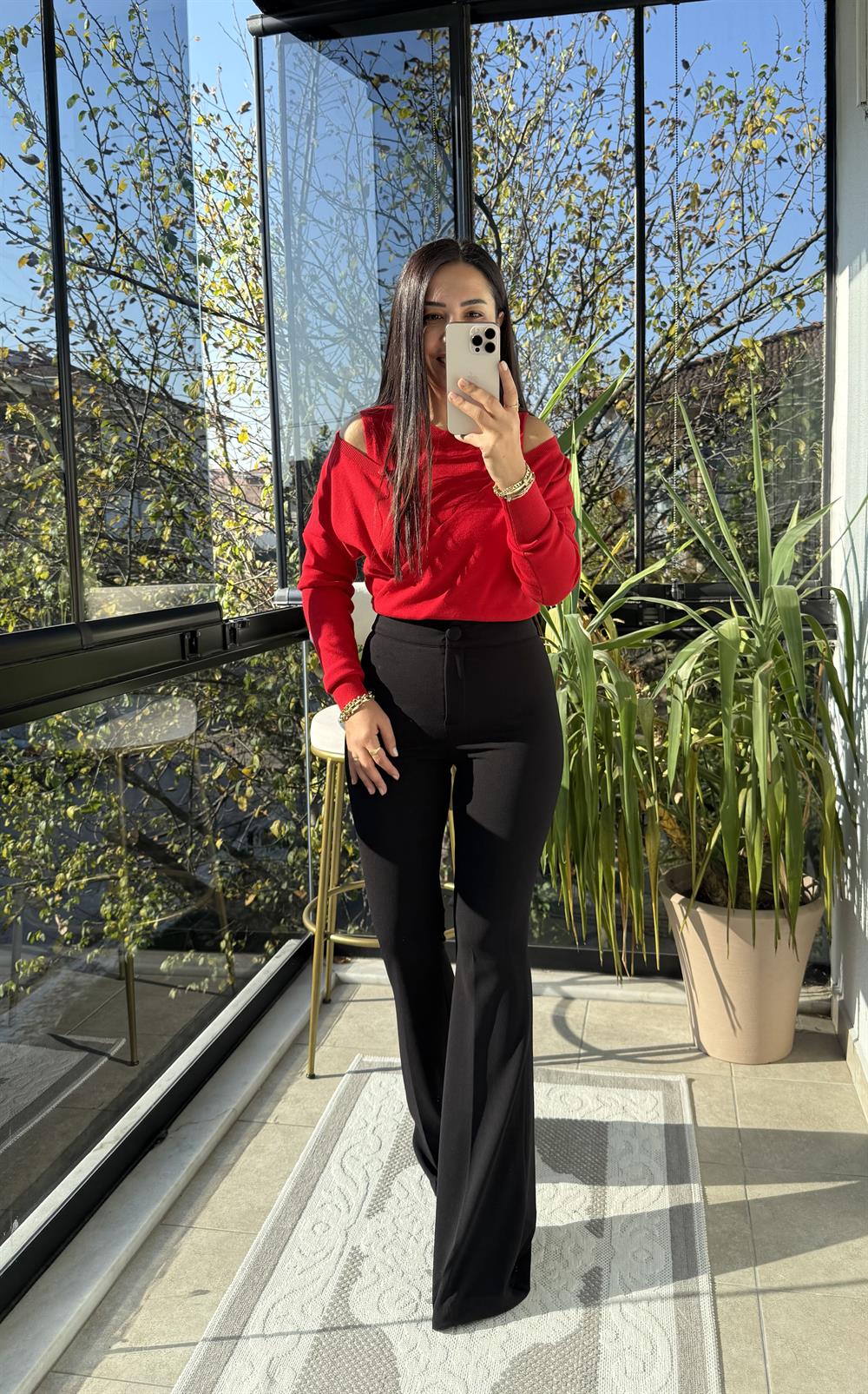 Çift Parçalı Triko Bluz Kırmızı