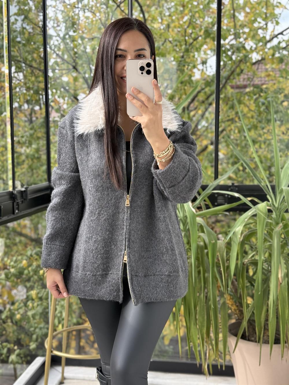 Kürk Yakalı Şardonlu Hırka Antrasit 