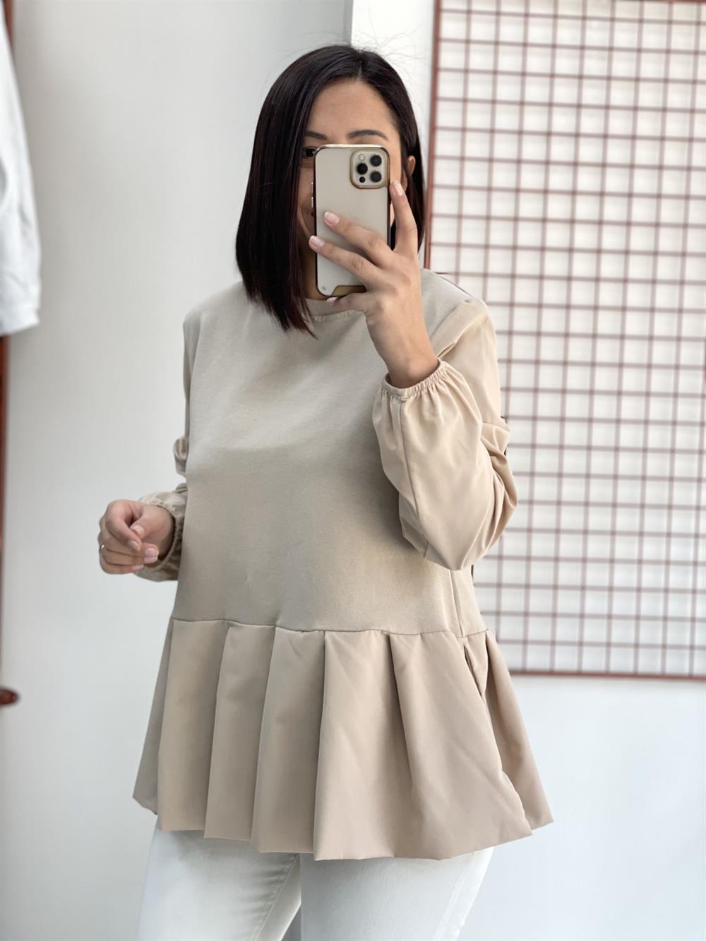 Bej Kol Uçları Lastikli Poplin Kumaş Detaylı Sweat