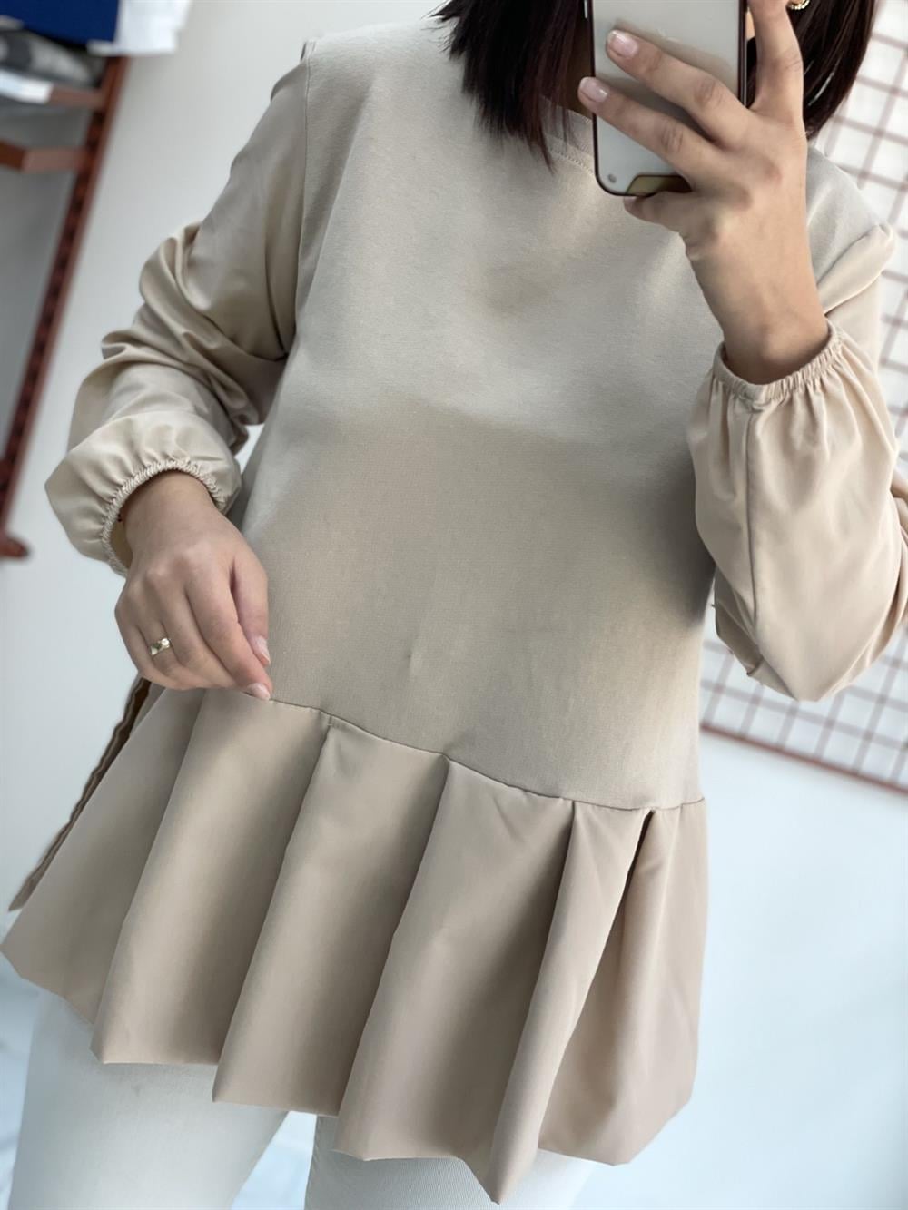 Bej Kol Uçları Lastikli Poplin Kumaş Detaylı Sweat