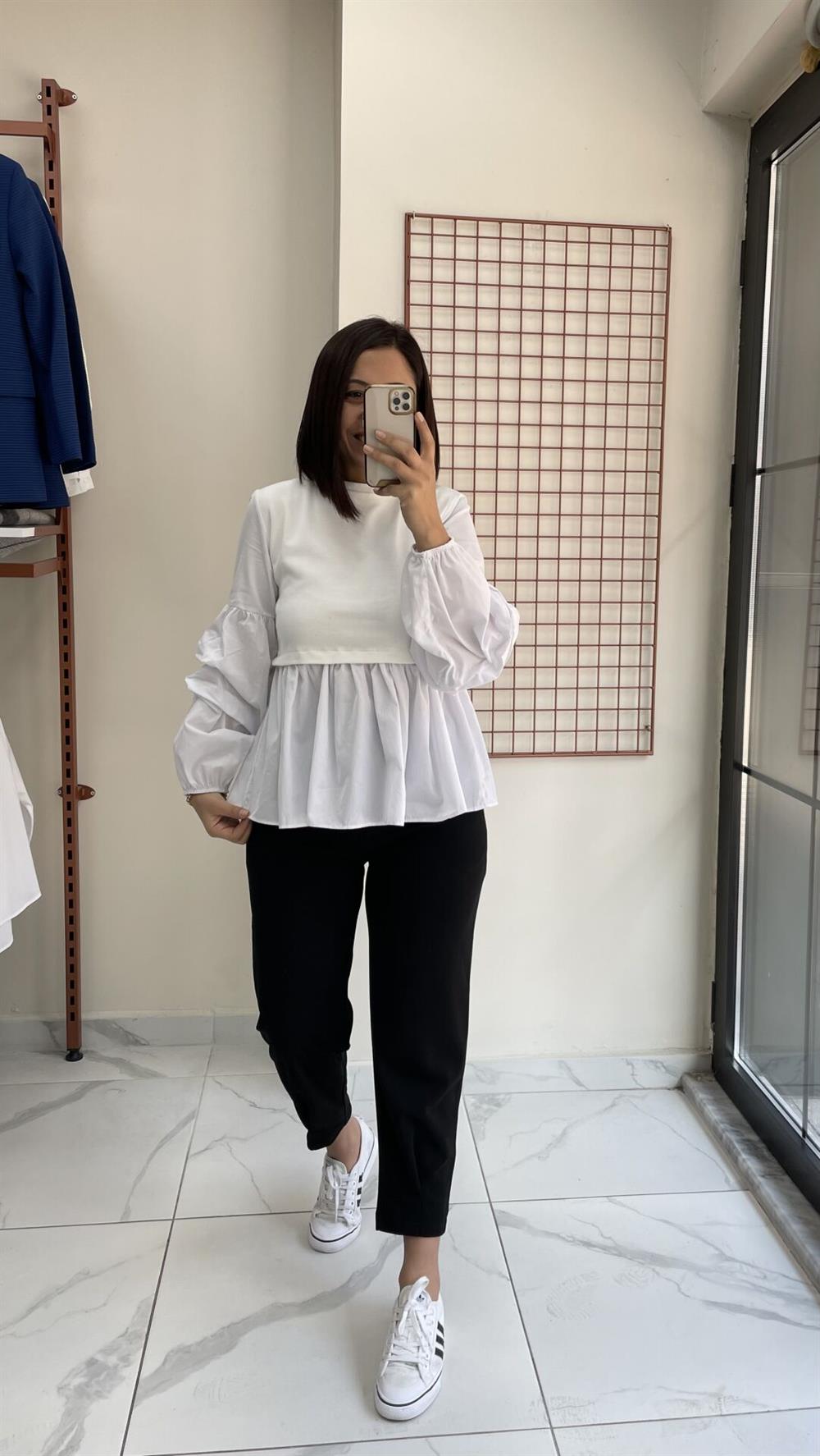 Beyaz Kol Detaylı Poplin Kumaş Tasarım Sweatshirt