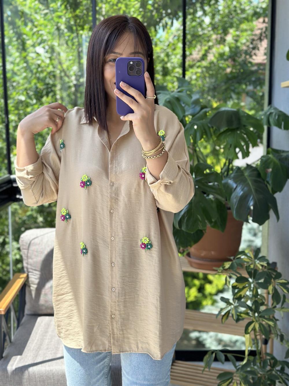 Bisküvi Papatya Premium Kalite Keten Krinkıl Gömlek