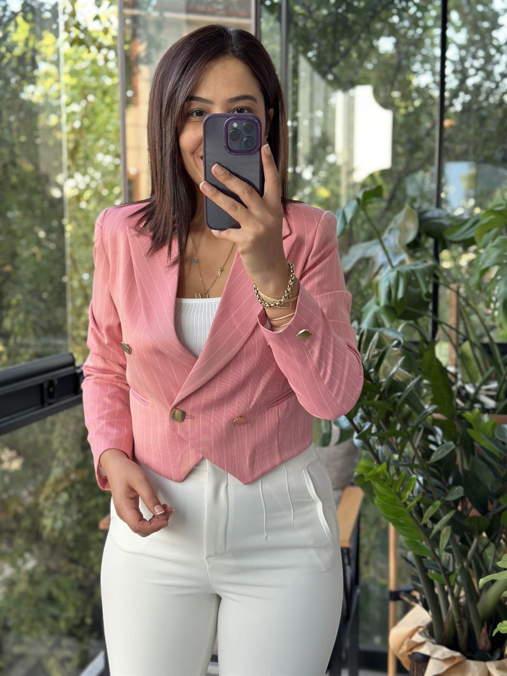 Crop Blazer Ceket Pembe