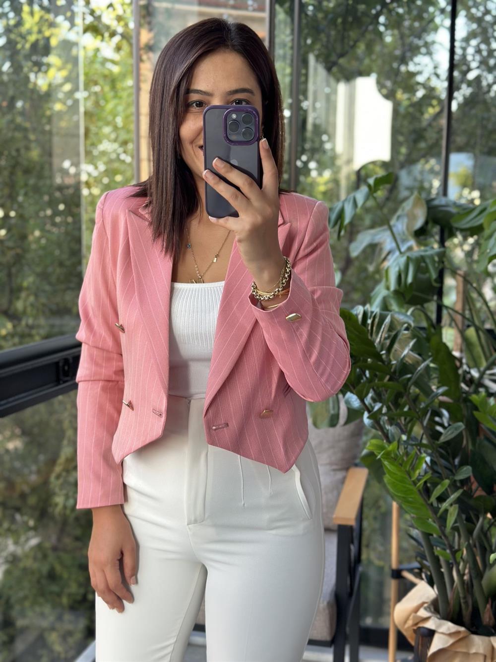 Crop Blazer Ceket Pembe