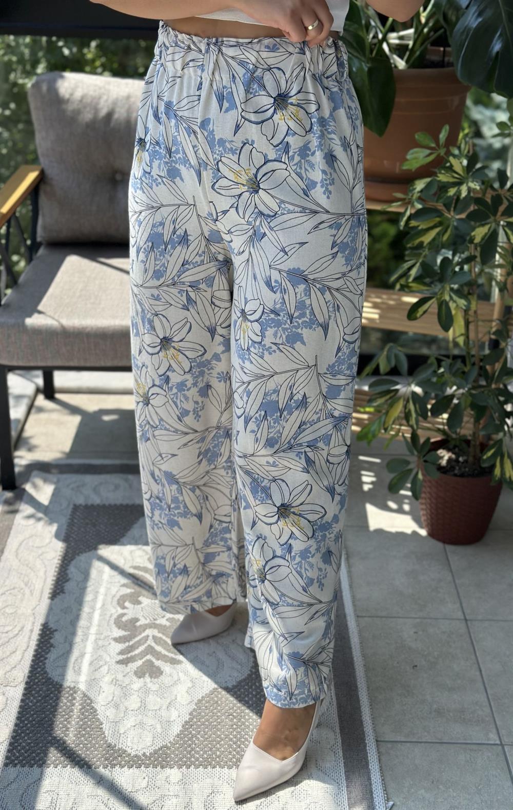 Desenli Pamuklu Keten Kumaş Pantolon