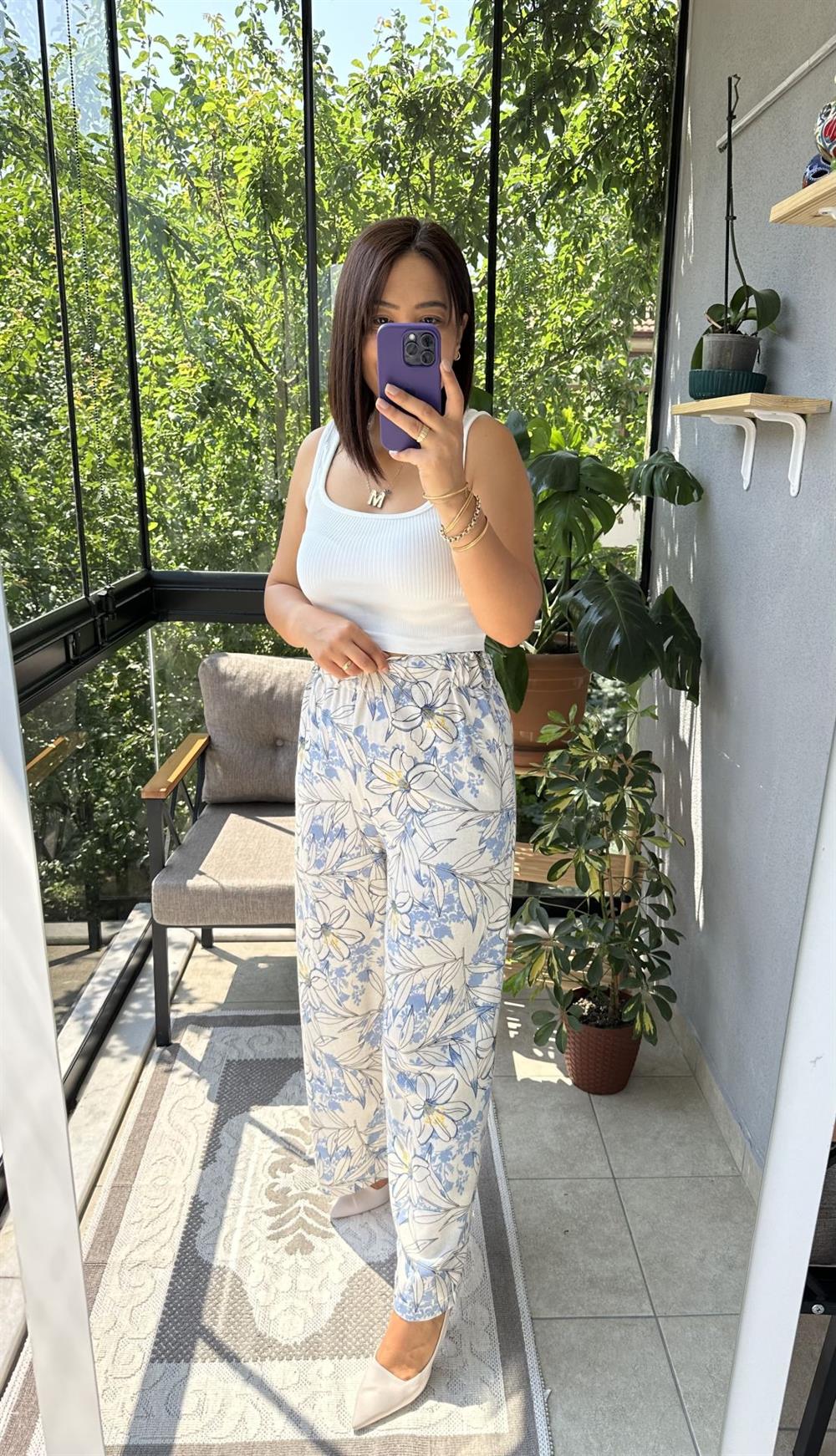 Desenli Pamuklu Keten Kumaş Pantolon