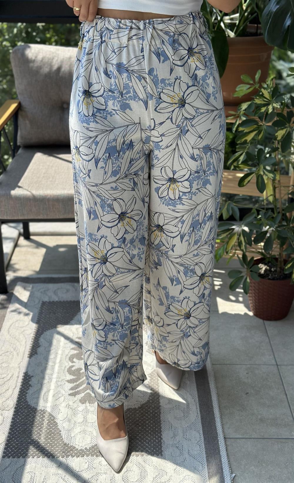 Desenli Pamuklu Keten Kumaş Pantolon