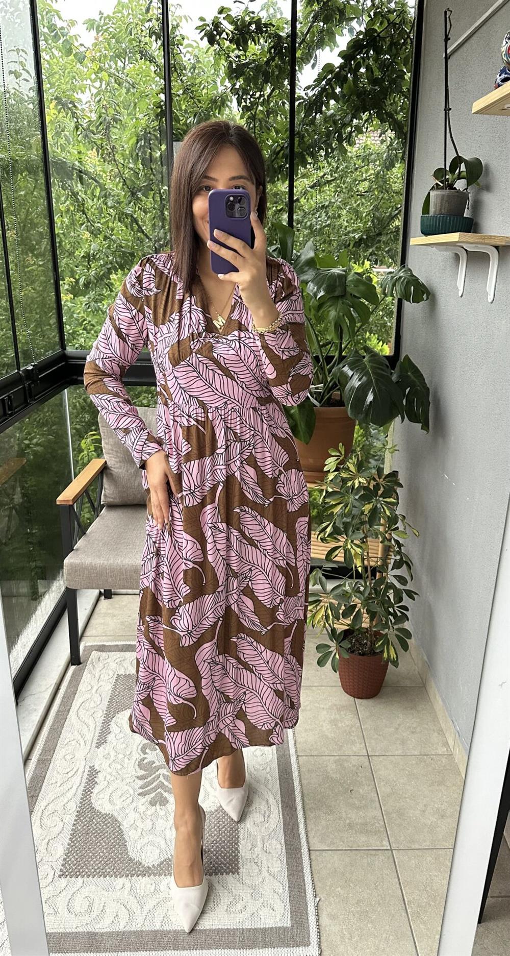 Desenli Pamuklu Viskon Elbise Pembe