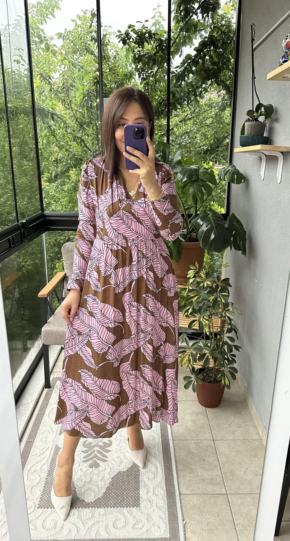 Desenli Pamuklu Viskon Elbise Pembe